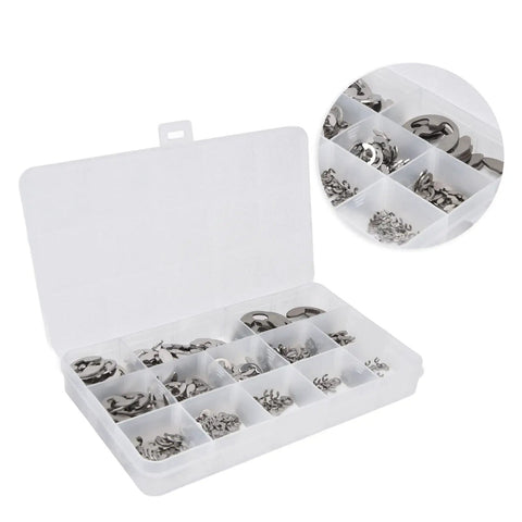 400 Pcs Heavy Duty E Clip Circlip Set Durable Stainless Steel Retaining Rings Assortment 1.5Mm To 15Mm in organized storage box.