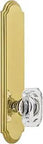 Arc Tall Plate With Baguette Clear Crystal Knob, Single Dummy, Polished Brass for 84-Inch Plus Doors, side view with mounting hardware.