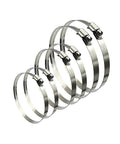 Angled view of six stainless steel worm-drive hose clamps in 4-6 inch sizes.