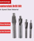 Ausenzup five-piece countersink drill bit set, M3–M8, four-flute HSS-AL end mills