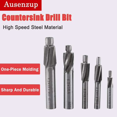 Ausenzup five-piece countersink drill bit set, M3–M8, four-flute HSS-AL end mills