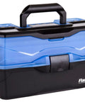 3 Tray Tackle Box Organizer With 32 Compartments And 13 Removable Dividers, frost blue and black cantilever design, side view