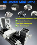 60W Mini Bench Electric Lathe Machine 12000 RPM All Metal Woodworking Tool showing precision components and motor details.