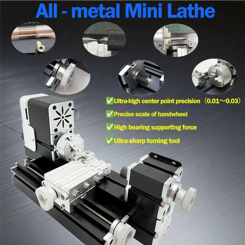 60W Mini Bench Electric Lathe Machine 12000 RPM All Metal Woodworking Tool showing precision components and motor details.