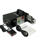 No Nonsense Heavy Duty Electric Terminal Crimping Machine With Seven Interchangeable Dies showing panel, foot pedal and operation manual.