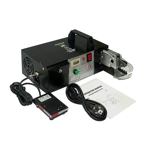 No Nonsense Heavy Duty Electric Terminal Crimping Machine With Seven Interchangeable Dies showing panel, foot pedal and operation manual.