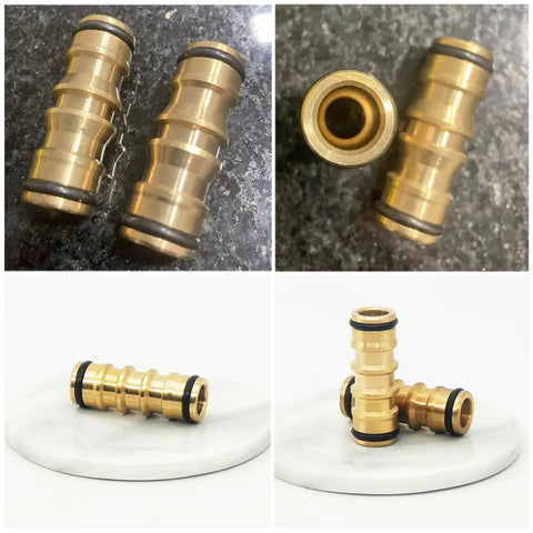 Image of 2 Pack Garden Hose Quick Connect Couplers Brass Bidirectional Extension Fittings Male To Male Disconnects for easy watering setup.