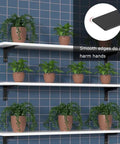 Heavy-Duty Wall Mount Shelf Brackets Rock Solid L Braces Built Tough For Max Weight Up To 150 Pounds Matte Black Steel Corner Supports 16 And 18 Inches with plants on shelves.