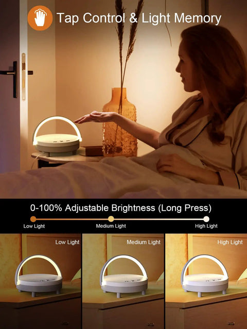 Woman adjusting brightness of 4 In 1 LED Night Light Bluetooth Speaker Wireless Charger Phone Holder Touch Bedside Lamp For Bedroom Or Office.