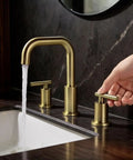 Brushed Gold 8 Inch Widespread Bathroom Faucet With Two Handles Three Hole Mount 360 Degree Swivel Spout Solid Brass Construction