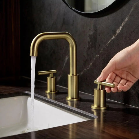 Brushed Gold 8 Inch Widespread Bathroom Faucet With Two Handles Three Hole Mount 360 Degree Swivel Spout Solid Brass Construction