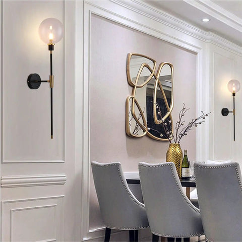 Elegant dining room featuring Industrial Gold And Black 1 Light Wall Sconce With Long Arm And Globe Glass Shade for modern space