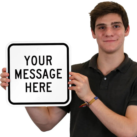 Dang Tough Custom Square Metal Sign 12 Inch Rustproof Aluminum Outdoor Decor With Pre Drilled Mounting Holes held by a young man.