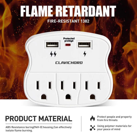 Surge Protector Wall Mount with 3 Outlets and 2 USB Ports against flame background, showcasing fire-resistant material.