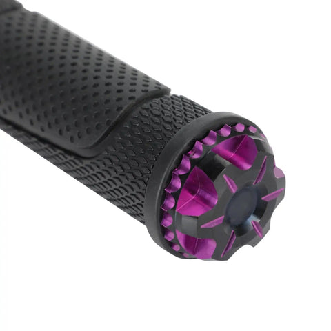 Dope Throttle Grips For Surron Sur Ron Light Bee X And S Model with purple accents on black rubber handlebar grip end plug
