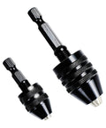 Two Piece Drill Chuck Adapter Set With One Quarter Inch Hex Shank Keyless Quick Change For Power Drills Screwdrivers And Impact Drivers Fits 0.3 To 3.6 mm And 0.3 To 6.5 mm Bits Easy Install For Diy Pros, showing front view