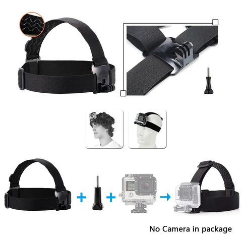 Adjustable Action Camera Head Strap Mount for hands free use, wearable with AKASO, DJI, and more, shown in black with attachments.