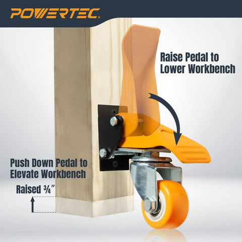 Heavy Duty Workbench Caster Kit With Retractable Stepdown Swivel Wheels Set Of Four Two Point Five Inch TPR Casters 600 Pound Rock Solid Shop Furniture Gear For Hassle Free Rolling showing pedal mechanism on caster.