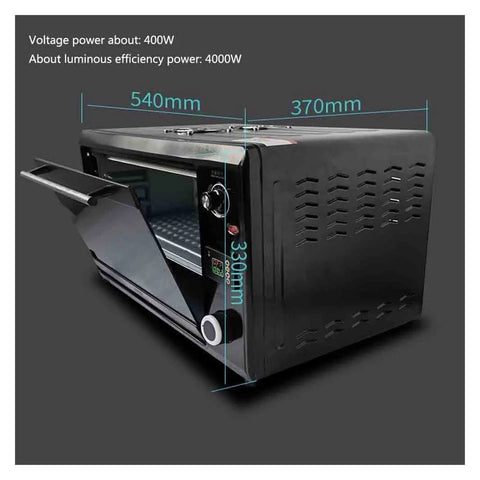 Top Shelf 4000W UV Curing Lamp With Cold Light Source For Lcd Sla Dlp 3D Printer And Resin Models, shown with measurements and dimensions.