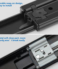 Close-up of 10 Pair Heavy Duty 22 Inch Soft Close Drawer Slides showing snap-on design and metal soft close mechanism.