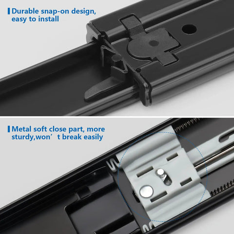 Close-up of 10 Pair Heavy Duty 22 Inch Soft Close Drawer Slides showing snap-on design and metal soft close mechanism.
