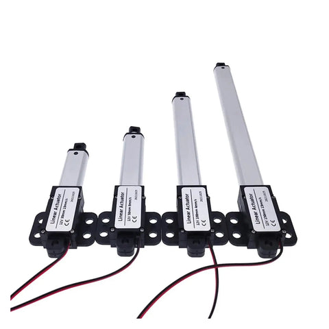 Compact 50mm DC 12V Micro Electric Linear Actuator Featuring Hella Smooth Push Rod Action And Plug And Play Motor Controller For Quick Diy Mods And Serious Reliability, showing different lengths of actuators.