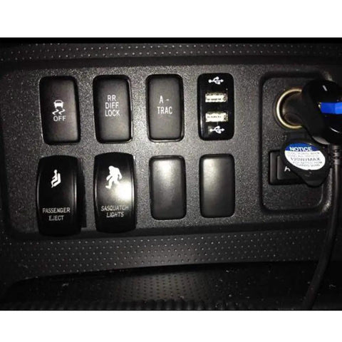 3 Pack Rocker Switch Kit With Laser Sasquatch Lighted Toggle, Blue LED Accent, fits ATV UTV SUV 4x4, black panel close-up