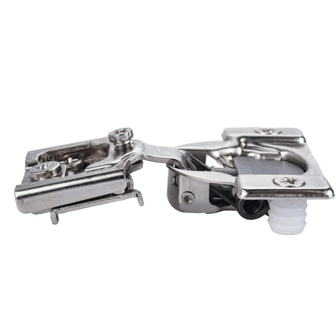 Side view of a satin nickel hinge from the Twenty Pack One Half Inch Overlay Soft Close Concealed Kitchen Cabinet Hinges