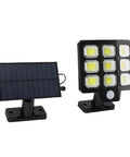 Eminchu Solar Flood Light for Patio Yard, 240 LED with solar panel on the left and LED light on the right.