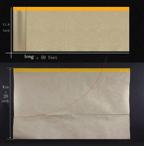 Pro Grade Pre Taped Masking Paper With Adhesive, 20 Inch By 50 Feet Painter Paper Roll dimensions shown on black background.