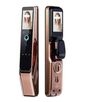 Top Shelf Smart Electronic Door Lock With 3D Face Recognition And Palm Vein Access dead on security with biometric panels in rose gold.