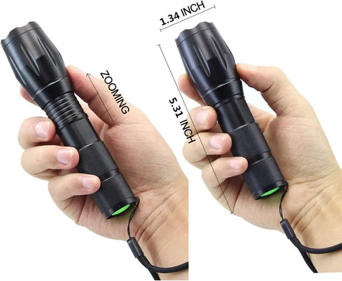 Man holding Two Pack Ultra Bright 1000 Lumen LED Flashlights, Tactical Zoomable Beams, showing 5.31 inch size
