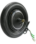 14 Inch 36 Volt 500 Watt Brushless Hub Motor Wheel With Integrated Drum Brake For Electric Scooter And Electric Bike Conversion, side view with tire and wires.