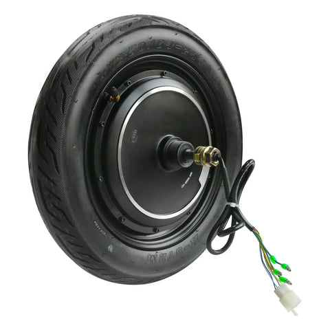 14 Inch 36 Volt 500 Watt Brushless Hub Motor Wheel With Integrated Drum Brake For Electric Scooter And Electric Bike Conversion, side view with tire and wires.