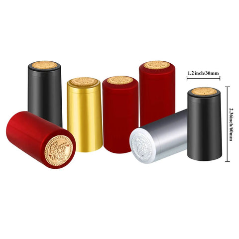 Wine Sealer Caps Set for Bottles PVC Heat Shrink Capsules 200 Pcs Multi Color Black Red Gold Silver with dimensions shown