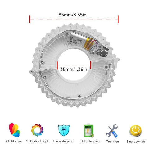 Rechargeable Bike Wheel Lights With 21 Dynamic Modes And Full Color Options Clip On Hub LEDs dimensions and features diagram