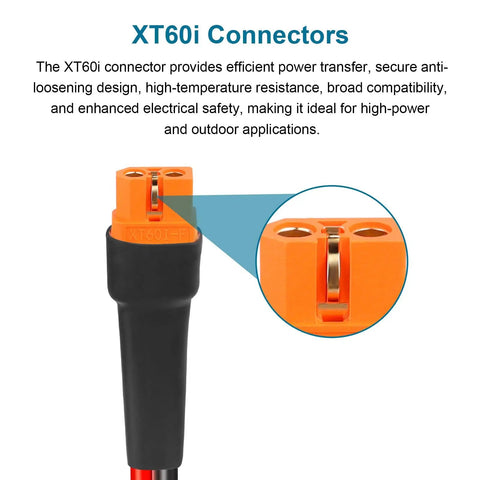 Close-up of XT60i connector on Beefed Up Solar Panel Extension Cable 3ft 10AWG with tinned copper wire and PVC jacket