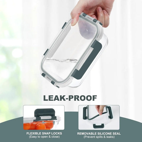 Hand holding 10 Pack 22 Oz Glass Meal Prep Container with lid, demonstrating airtight BPA free design for leak-proof use
