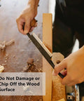 Person using a chisel on wood with text 'Do Not Damage or Chip Off the Wood Surface', Double Sided Woodworking Tape For Router Templates And CNC Projects
