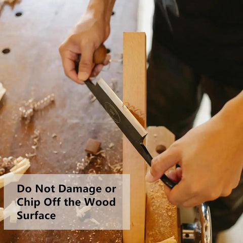 Person using a chisel on wood with text 'Do Not Damage or Chip Off the Wood Surface', Double Sided Woodworking Tape For Router Templates And CNC Projects