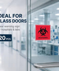 Straight Fire Heavy Duty Waterproof Biohazard Warning Stickers Big Time Visibility 4X4 Inch Decals on glass door at clinic.