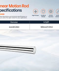 Linear motion rod specifications highlighting 6MM X 300MM size, chrome plated finish for smooth glide and stability.