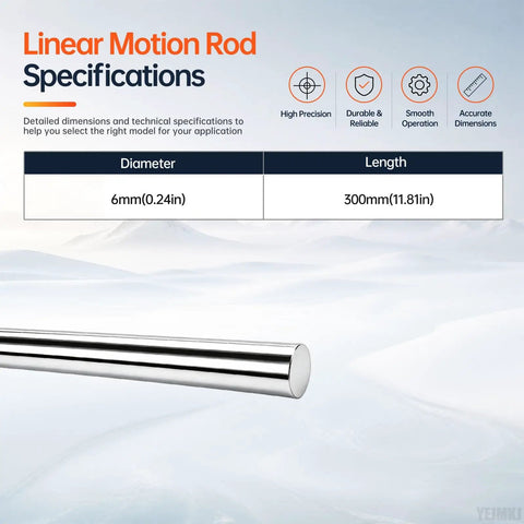Linear motion rod specifications highlighting 6MM X 300MM size, chrome plated finish for smooth glide and stability.