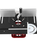 Universal Router Table Insert Plate With 51 Mm Stroke Lift Kit And Crank Handle Fits 64 To 66 Mm Motors overhead view showing adjustment features.