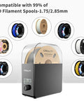 Filament Dryer Box 2.0 with Fans for 3D Printing, 1Kg Dehydrator displayed with compatible filament spools and digital temperature display.