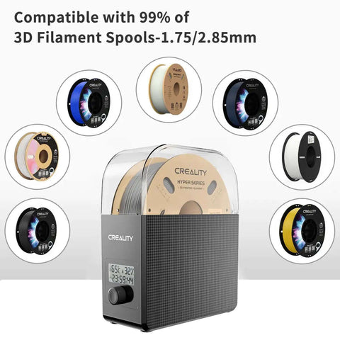 Filament Dryer Box 2.0 with Fans for 3D Printing, 1Kg Dehydrator displayed with compatible filament spools and digital temperature display.