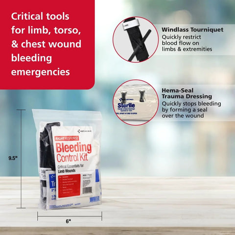 First Aid Only bleeding control kit pouch, white bag with red label, 7-piece set