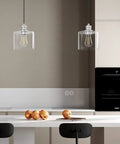 Two Three Pack Vintage Hanging Pendant Lights With Brushed Nickel Finish Handblown Clear Glass Classic Farmhouse Style in kitchen