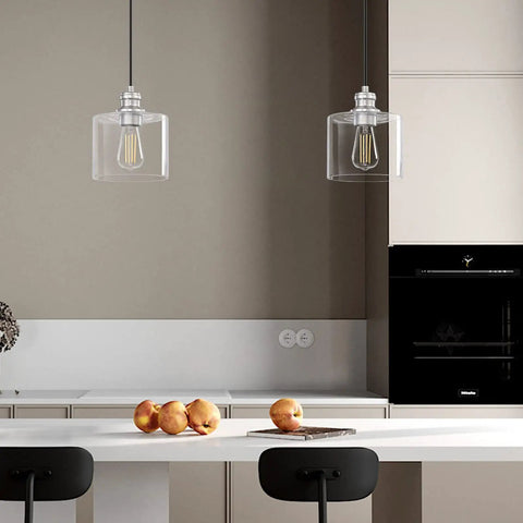Two Three Pack Vintage Hanging Pendant Lights With Brushed Nickel Finish Handblown Clear Glass Classic Farmhouse Style in kitchen