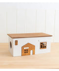 Wooden Cable Management Box For TV And Computer Setup Hidden Cord Organizer with house design on white surface, charging hole visible